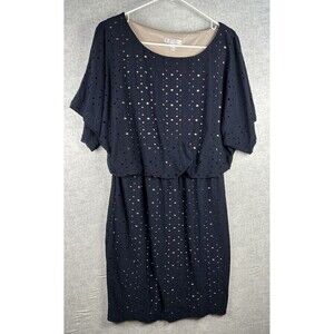 London Times Woman Navy Blue Eyelet Blouson Sheath Dress Lined Size 8 Cottage